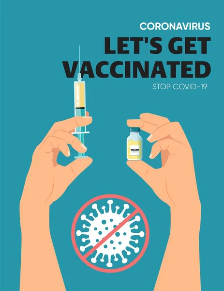 Covid Vacctination Plakát Doktorova Ruka Drží Injekční Stříkačku Lahvičku Vakcínou — Stockový vektor