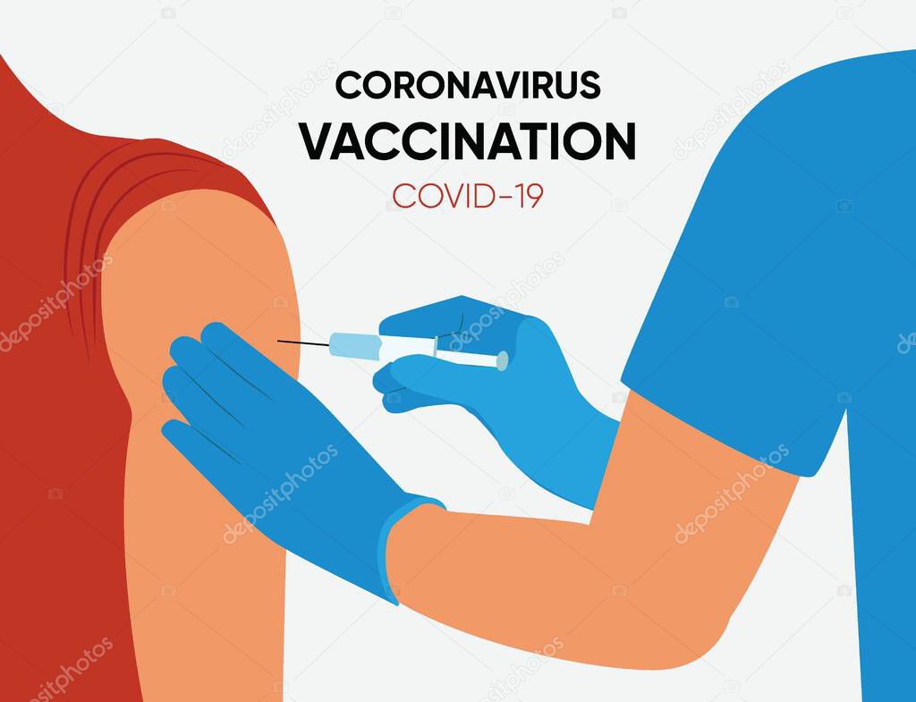 Covid-19 Vaccinating Vector Illustration. Doctor giving injection to arm. Hand of medical staff injecting coronavirus covid-19 vaccine in vaccine syringe to arm muscle. covid-19 immunization