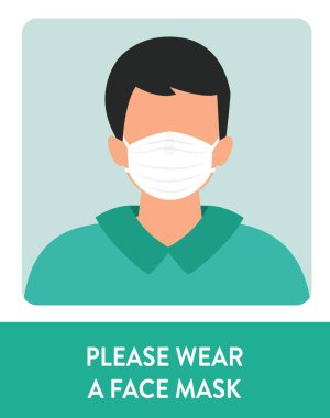 Maske vektör tasarımı giyen bir adam. Virüs enfeksiyonunun önlenmesinde koruyucu yüz maskesi takmak tavsiye edilir. Coronavirus Koruma İşareti. Lütfen Yüz Maskesi Duvar İşareti vektör illüstrasyonunu takın. Covid19 için Yüz Kaplama İşareti Posteri