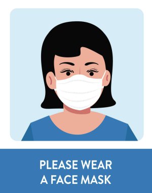 Maske takan bir kadın vektör tasarımı. Virüs enfeksiyonunun önlenmesinde koruyucu yüz maskesi takmak tavsiye edilir. Coronavirus Koruma İşareti. Lütfen Yüz Maskesi Duvar İşareti vektör illüstrasyonunu takın. Covid19 için Yüz Kaplama Posteri