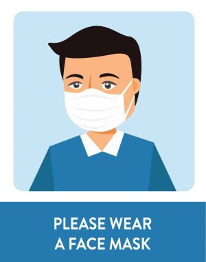 Maske vektör tasarımı giyen bir adam. Virüs enfeksiyonunun önlenmesinde koruyucu yüz maskesi takmak tavsiye edilir. Coronavirus Koruma İşareti. Lütfen Yüz Maskesi Duvar İşareti vektör illüstrasyonunu takın. Covid19 için Yüz Kaplama İşareti Posteri