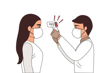 Vücut sıcaklığı ölçümü Vektör çizimi düz tasarım. Doktor elinde temas olmayan bir termometre tutuyor ve kadının vücut ısısını kontrol ediyor. Yüzünde maske var. Coronavirus veya Covid-19 kuralları veya önleme konsepti, ateş kontrolü. Yeni normal, yaratıcı