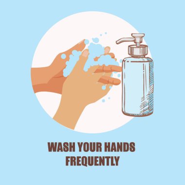 Ellerini yıka, imzala, kendine yapıştırıcı sür. Kişisel hijyen, sağlık hizmetleri. Dezenfeksiyon, antibakteriyel yıkama. Virüs önleme ve koruma. Yıkanmış ellerin duvar posteri. Coronavirus. Elinde sabunla. Köpük köpüklü sabun köpüğü kolları. Vektör illüstrasyonu