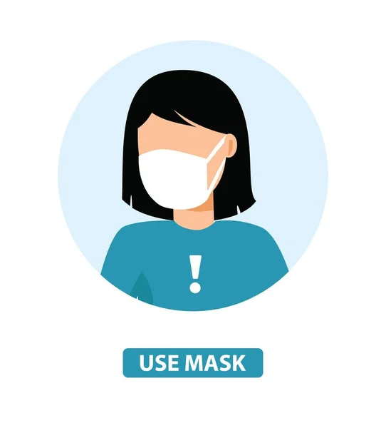 Maske takan bir kadın vektör tasarımı. Virüs enfeksiyonunun önlenmesinde koruyucu yüz maskesi takmak tavsiye edilir. Coronavirus Koruma İşareti. Lütfen Yüz Maskesi Duvar İşareti vektör illüstrasyonunu takın. Covid19 için Yüz Kaplama Posteri