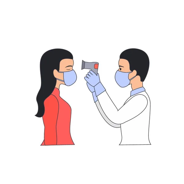 체온은 벡터의 설계를 접촉하지 온도계를 여성의 체온을 측정하는 얼굴에 마스크를 — 스톡 벡터