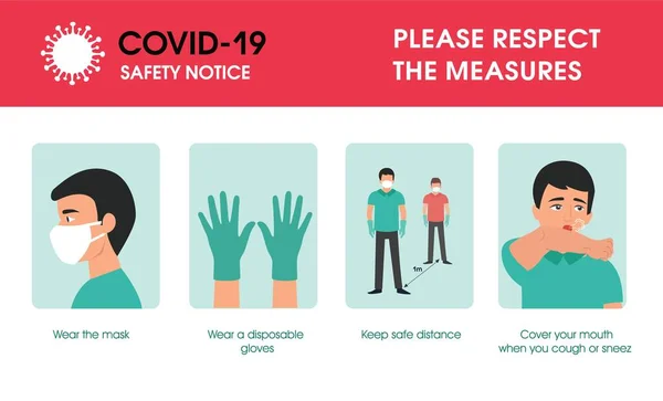 コロナウイルスCovid 19安全対策 フェイスマスクを着用し 使い捨ての手袋を着用し 安全な距離を保ち 咳やくしゃみをすると口をカバーしてください コロナウイルスの対策を尊重してください Covid 19安全上の注意 — ストックベクタ