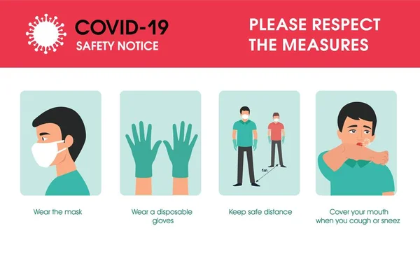 Coronavirus covid-19 güvenlik önlemleri. Yüz maskesi takın, tek kullanımlık eldiven takın ve güvenli mesafeyi koruyun öksürürken ve hapşırırken ağzınızı kapatın. Lütfen koronavirüs ölçümlerine saygı gösterin. Covid-19 Güvenlik Bildirisi