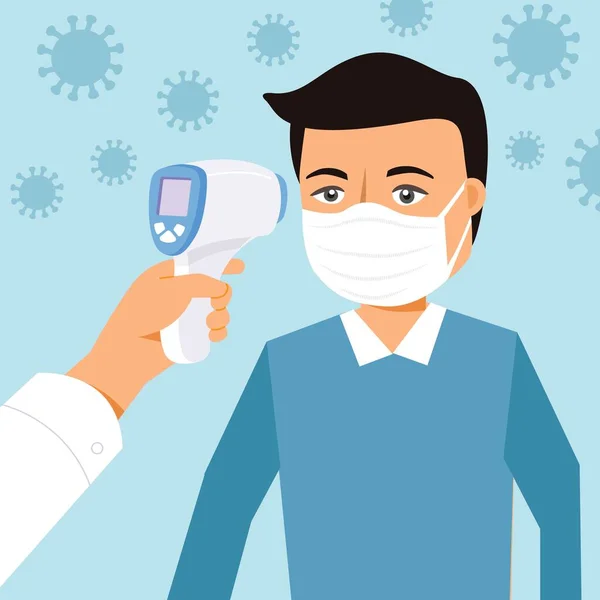 Vücut sıcaklığı ölçümü Vektör çizimi düz tasarım. Doktor elinde temas olmayan bir termometre tutuyor ve vücut ısısını kontrol ediyor. Yüzünde maske var. Coronavirus veya Covid-19 kuralları veya önleme konsepti, ateş kontrolü. Yeni normal, yaratıcı
