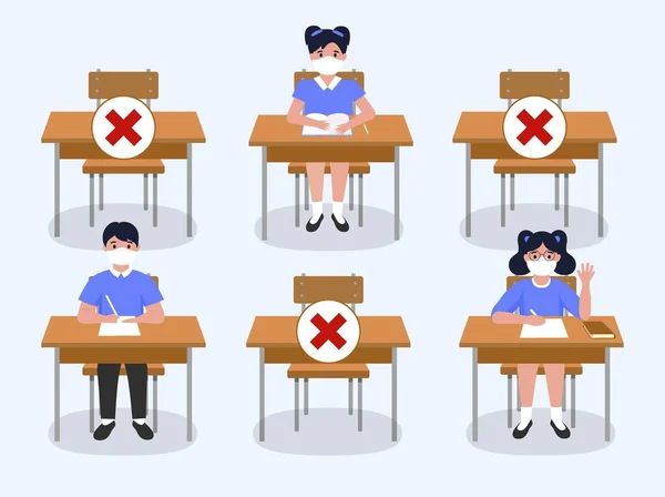 Okul illüstrasyonunda sosyal mesafeler. Okulda yeni normaller. Coronavirus (COVID-19) Okullar için Rehberlik. Okulun yeni kuralları. Çocuklar güvenli mesafeyi koruyorlar. Sınıfta oturan öğrenciler.