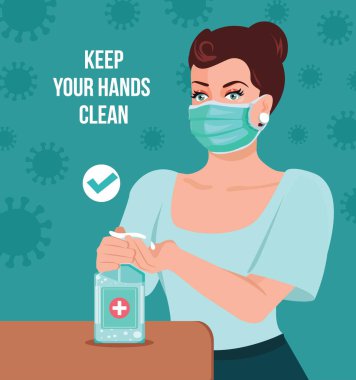 Ellerini dezenfeksiyon konseptinde tut. Maske takmış elleri dezenfekte eden bir kadın. Ellerini temizlemek ve mikropları önlemek için antiseptik jel kullanıyor. Nemlendirici dezenfektan uyguluyorum. Düz Vektör illüstrasyonu