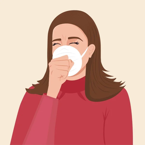 Kobieta Zakrywa Usta Gdy Kaszle Ilustracją Wektora Ból Gardła Przeziębienie — Wektor stockowy