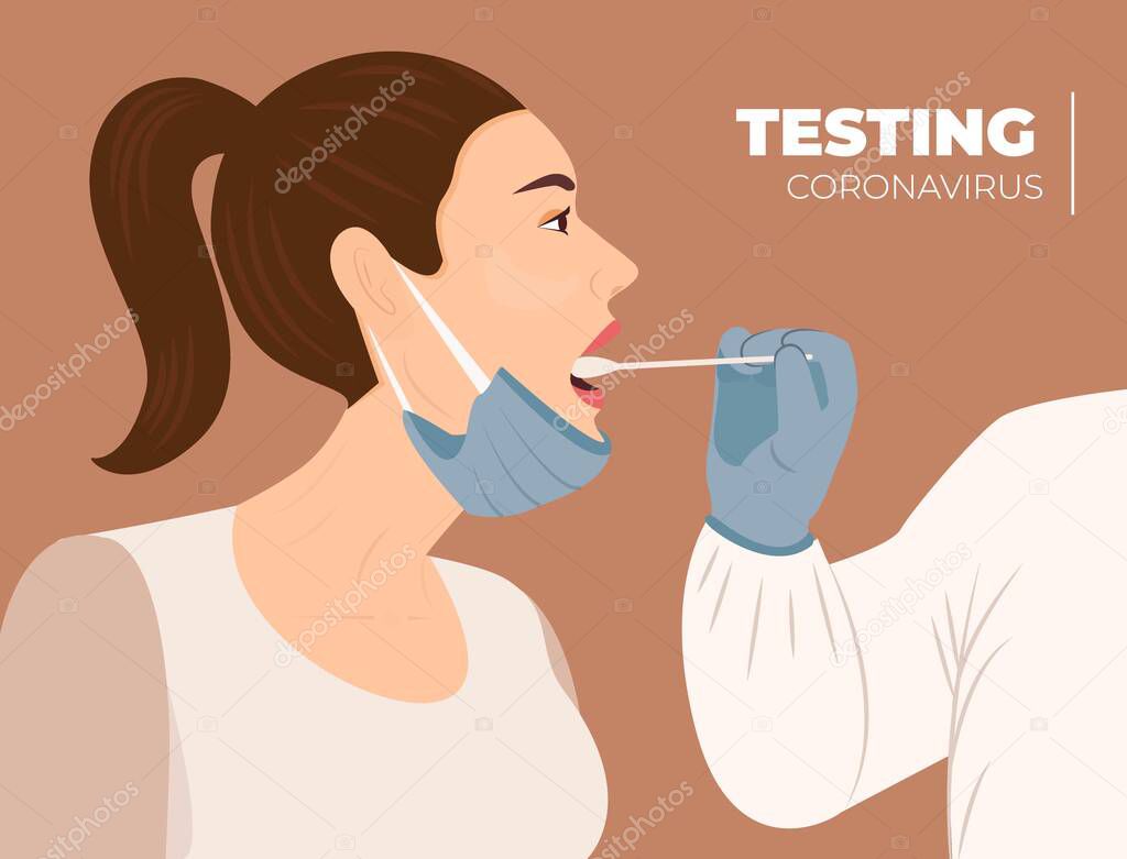 Medical worker tests coronavirus to woman by throat swab. Patient receiving a coronavirus test. Medical staff testing woman by mouth for Covid-19 test. Vector illustration. Patient being tested virus infection