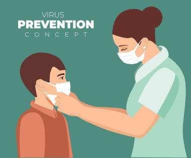 Anne, çocuğuna koronavirüs enfeksiyonundan korunmak için maske takıyor. Tıbbi maskeli küçük bir çocuk ve anne. Virüsten korumak için yüz maskesi takan çocuk, vektör çizimi