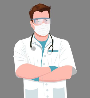 Kendine güvenen erkek doktor çizim vektörü. Profesyonel erkek doktor steteskop, cerrahi maske, tıbbi koruyucu gözlük ve eldiven takıyor. COVID-19 salgınına karşı tıbbi giysiler