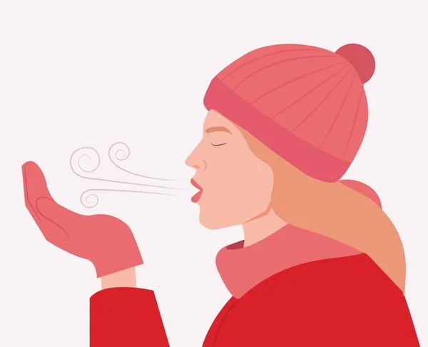 Femme Respire Vapeur Hiver Fille Souffle Air Froid Avec Des — Image vectorielle