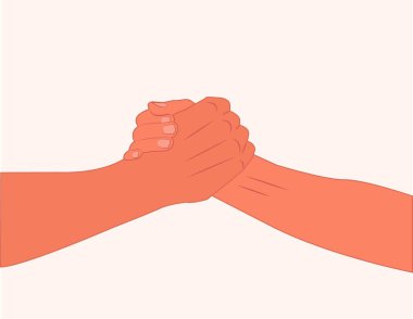 El sıkışıyoruz. İki el hareketi. Yardım etmek için başka birinin elini tut. Birbirimize yardım ediyoruz. İki arkadaş buluşuyor. Ortaklık, destek, dostluk, anlaşma, sevgililer, arkadaşlar el ele, el ele düz tasarım vektör çizimi beyaz arka planda izole