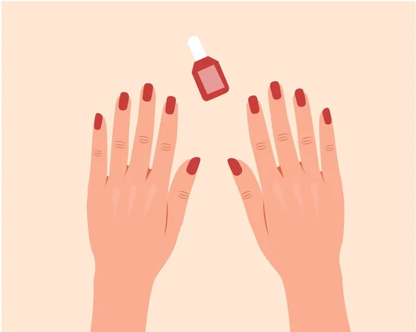 Manucure Vernis Ongles Rouge Mains Bouteille Rouge Avec Vernis Mains — Image vectorielle