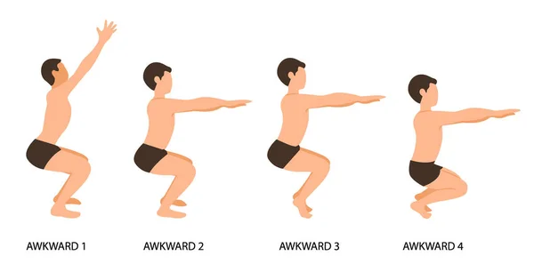 Garip Pozisyonlar Ayarlandı. Yoga vektör çizimi yapan adam. Garip Yoga Pozu ya da Utkatasana taklidi yapan adam adım adım çiziyor. yoga duruşu