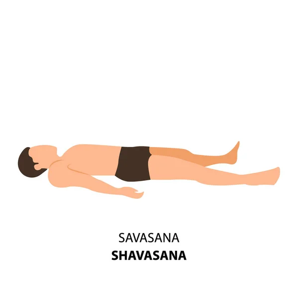 Yoga yapan adam Vector Illustration 'ı izole etmiş. Yerde yatan adam Shavasana Ceset Pozu ya da Mrtasana, Yoga Asana simgesi