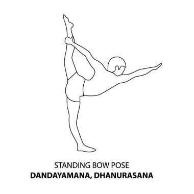Yoga yapan adam izole bir taslak çiziyor. Ayakta duran adam Dandayamana pozu, dhanurasana pozu, Yoga Asana çizgi simgesi