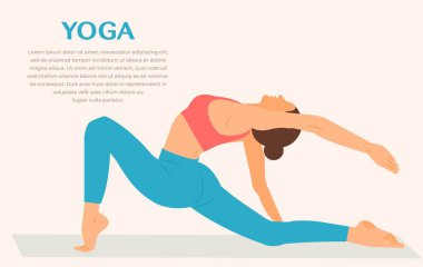 Yoga jimnastik yapan bir kadın. Yanında yoga yapan kadın illüstrasyonu ya da vector illüstrasyonunda pilates yapan kadın illüstrasyonu. Gergin duruş içinde duran kız.