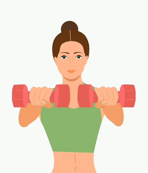 Kadın fitness egzersizi yapıyor. Dambılı güzel bir fitness kızı. Dambıl tutan atletik bir kadın. Güzel jimnastik salonu kızı dambıl taşıyıcı illüstrasyonunu deliyor.