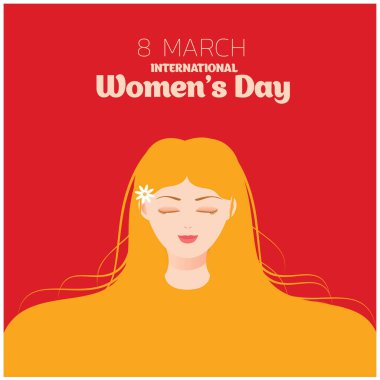Öndeki vektör düz resimli uzun saçlı kız Uluslararası Kadınlar Günü afişi. Yazı tipi ve güzel kız vektör illüstrasyonlu Mutlu Kadınlar Günü tasarımı. 8 Mart