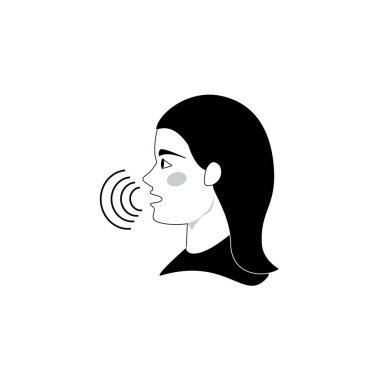 Beyaz arka planda bir kadının konuşması. Kadın kafasının ses titreşim ikonlu sembolü veya vektörü, konuşan kız, konuşan kadın, düz, ses dalgalı kadın, kadın başı görünümü, kadın ses simgesi