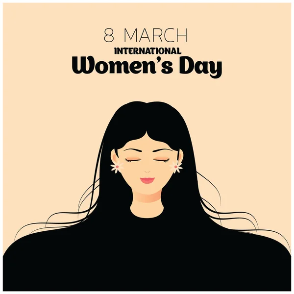 フロントビューベクトルフラットイラストから長い髪の女の子と国際女性の日のポスターの背景 フォントと美しい女の子のベクトルイラストと幸せな女性の日のデザイン 3月8日 — ストックベクタ