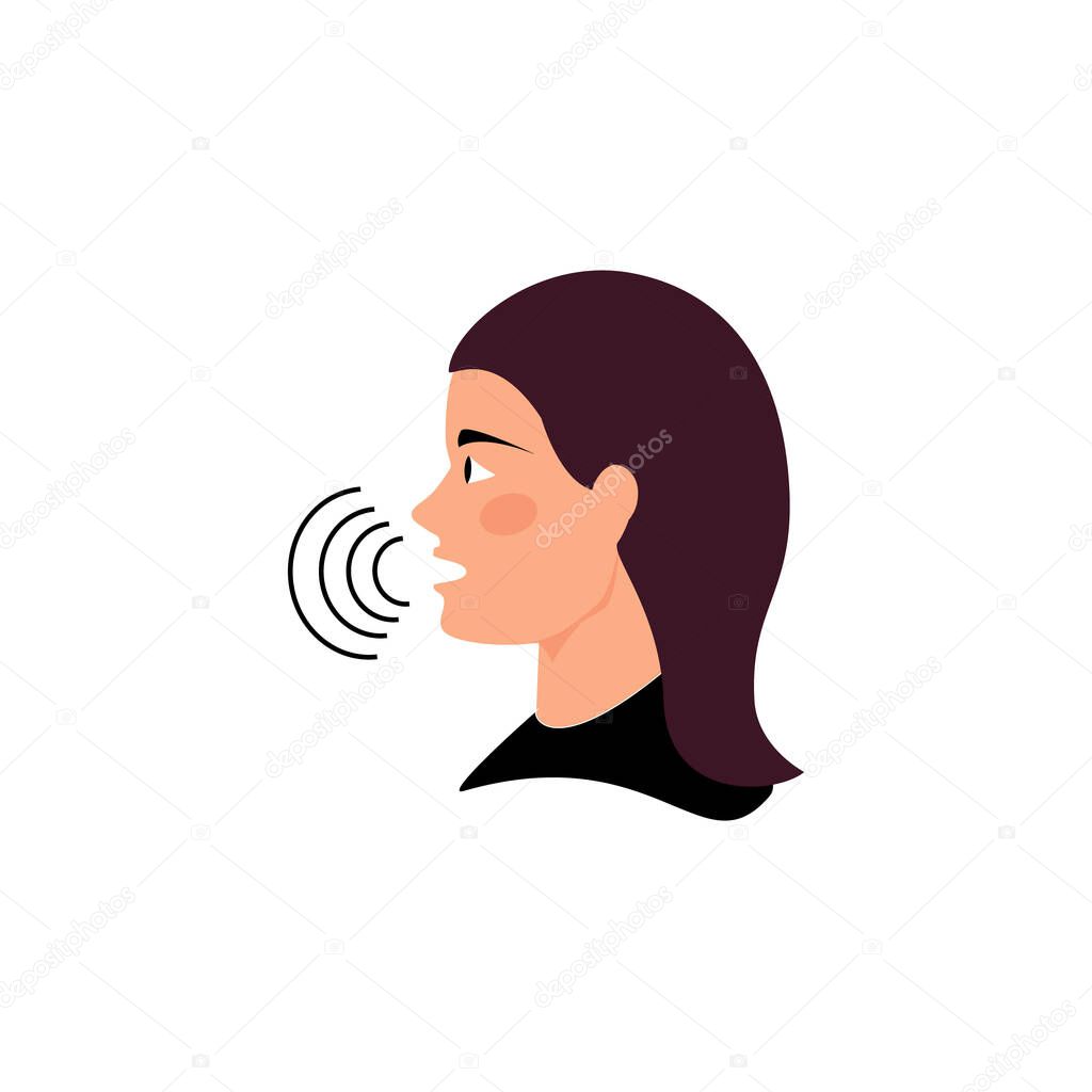 woman's speech on white background. symbol or vector of female head with sound vibration icon, girl speaking, woman talking, Flat, woman with sound waves, woman head front view, woman's sound icon