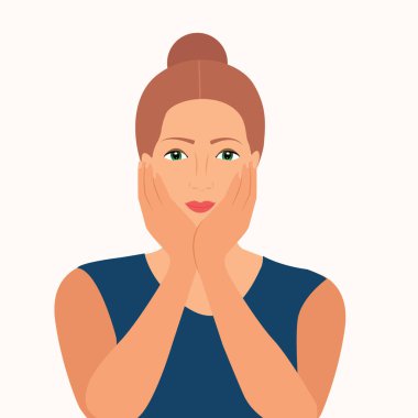 Kafası karışmış genç bir kadının portresi. Ellerinde dinleniyor. Sıkılmış ama mutlu ve umutlu hissediyor. Bekleyen kadın hayal kuruyor ve düşünüyor. Düz Vektör İllüstrasyonu