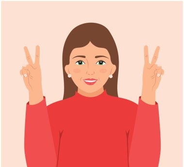 Zafer ya da Ziyaretçi işareti gösteren mutlu, güzel genç bir kadın. Yüz ifadesi ve jest. Çizgi film karakteri gülümseyen kız el parmaklarıyla barış yapıyor veya iki jest yapıyor, izole edilmiş düz vektör çizimi