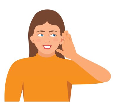 Genç, güzel, gülümseyen bir kadın. Kulağı Kulağında dinleyen bir kadın. Yüzündeki ifadeyi jestle gizliyor. Kadın elleriyle bir jest yaparak kulak misafiri oluyor, Vektör illüstrasyonu.