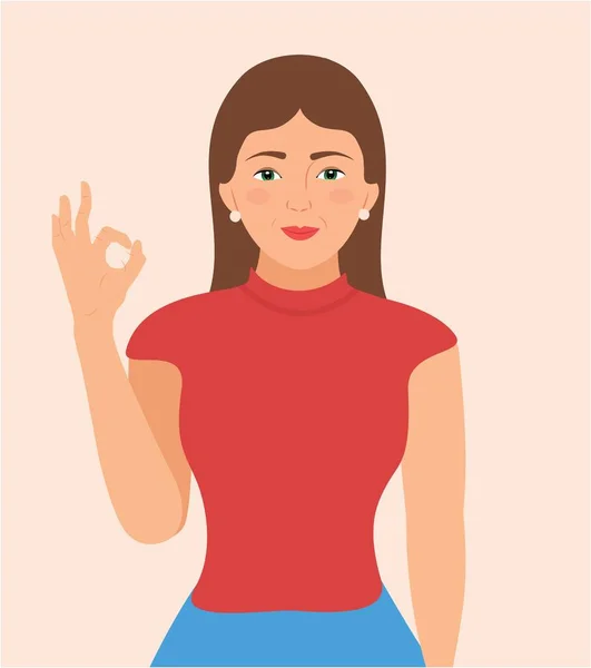 Güzel, genç bir kadın, iyi, mükemmel, sıfır, iyi bir işaret, beyaz arka planda izole edilmiş. Lezzetli yemekler için el hareketleriyle yüz ifadesi, izole edilmiş Vektör çizimi