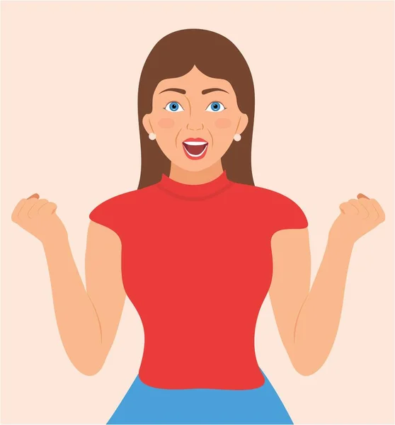 Mujer Emocionada Sonríe Con Alegre Expresión Facial Animando Levantando Puños — Vector de stock