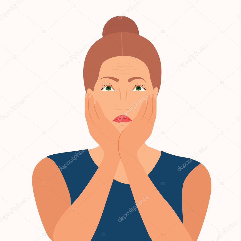 Portrait of a young pretty woman resting her face in her hands. She feels sad, desperate, depressive, hopeless, helpless. Woman feels boring while waiting Flat Design Vector Illustration