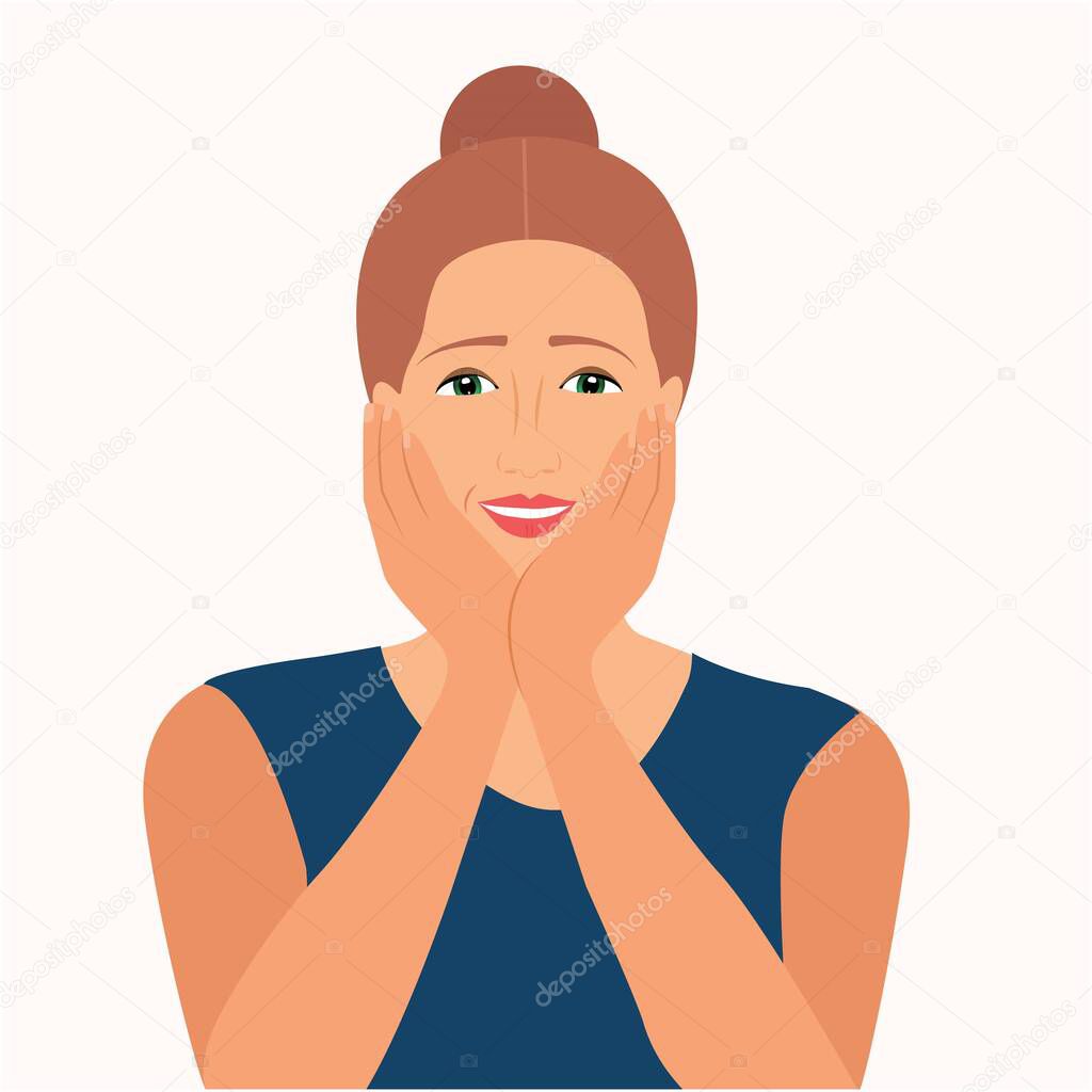 Portrait of a young pretty woman resting her face in her hands. She feels happy, hopeful, amazed, surprised. Dreamer woman feels joyous. She rejoices while waiting. Flat Vector Illustration