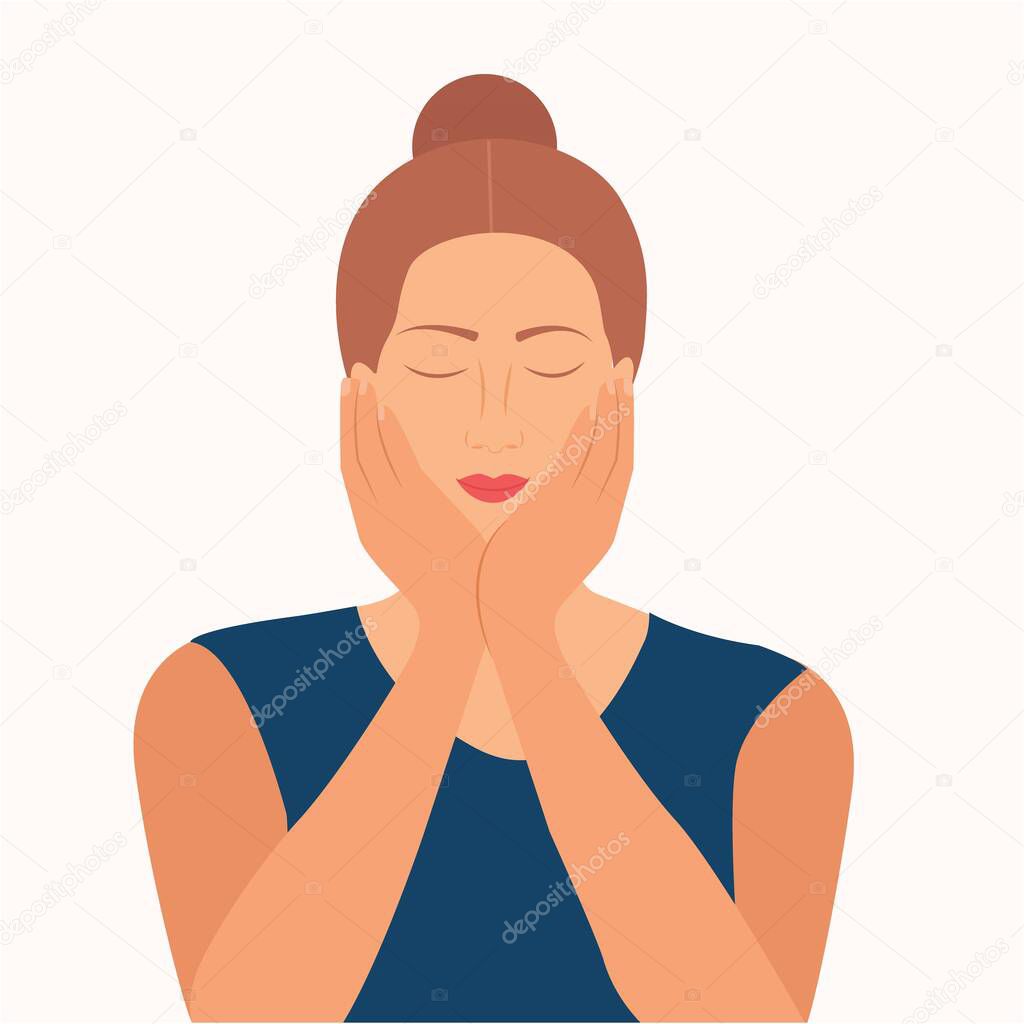 Portrait of a young pretty woman resting her face in her hands. She feels sleepy, confounded, hopeful, boring. Dreamer woman with closed eyes sleeping while waiting Flat Vector Illustration