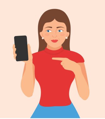 İşaret parmağıyla cep telefonu gösteren mutlu bir kadın. Beyaz arkaplan üzerinde izole. Çizgi film karakteri gülümseyen kız sol tarafına bakar ve akıllı telefonunu gösterir.