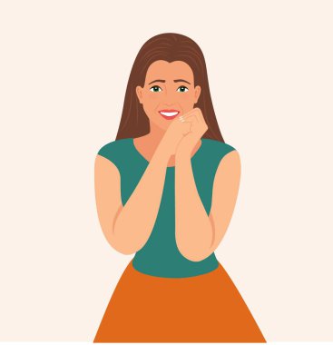 Şaşırmış, mutlu, gülümseyen genç bir kadın şaşkınlıkla bakıyor. Hayalperest kız umut ediyor. Elleri yanaklarının altında ve ağzı açık genç bir kadın. İzole Vektör illüstrasyonu