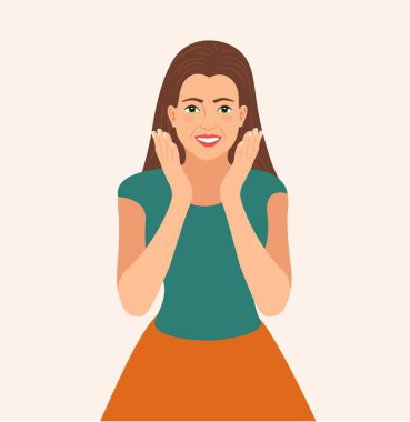 Heyecanlı Kadın arka planda elle izole edilmiş yanaklarını tutuyor. Şaşırmış güzel kız ya da kadın yanaklarının altından ellerini açıyor, Vektör illüstrasyonu. Çizgi film karakteri gülümseyen kızın elleri yanakta.