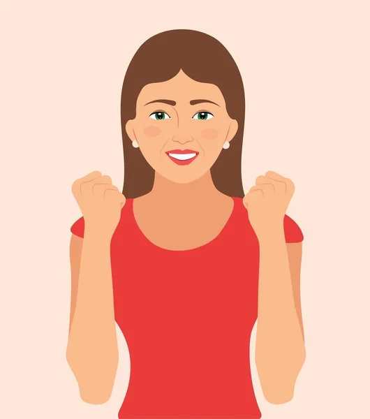 Mujer Emocionada Sonríe Con Alegre Expresión Facial Animando Levantando Puños — Vector de stock