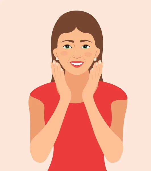 Heyecanlı Kadın arka planda elle izole edilmiş yanaklarını tutuyor. Şaşırmış güzel kız ya da kadın yanaklarının altından ellerini açıyor, Vektör illüstrasyonu. Çizgi film karakteri gülümseyen kızın elleri yanakta.