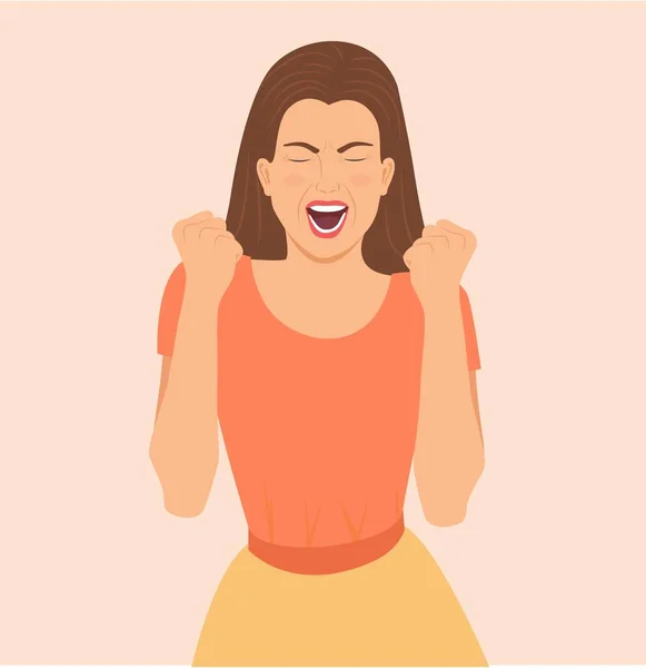 Excited Woman Screaming Joyful Facial Expression Cheering Raising Fists Supportive — Stock Vector