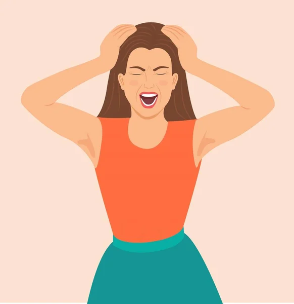 Young Woman Screaming Keeps Hands Head Face Expression Negative Emotions — Stock Vector