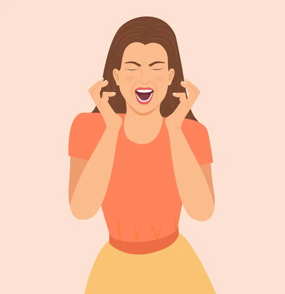 Young Crazy Woman Screaming Face Expression Reaction Negative Emotions Insane — Stock Vector