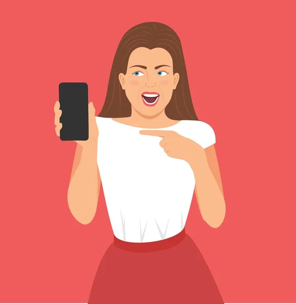 Mulher Feliz Mostrando Exibição Telefone Celular Com Ela Dedo Indicador — Vetor de Stock