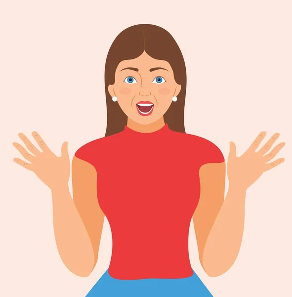 Heyecanlı mutlu kadın avuçlarını kaldırıyor ve sevinç çığlıkları atıyor. Tezahürat yapıyor, destekleyici hareketlerle avuçlarını kaldırıyor neşeyle gülümsüyor, yüksek sesle bağırıyor. Zafer vektörü illüstrasyonunun şerefine.