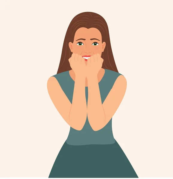 Sorprendido Mujer Emocionada Sostiene Las Mejillas Con Mano Aislada Fondo — Vector de stock