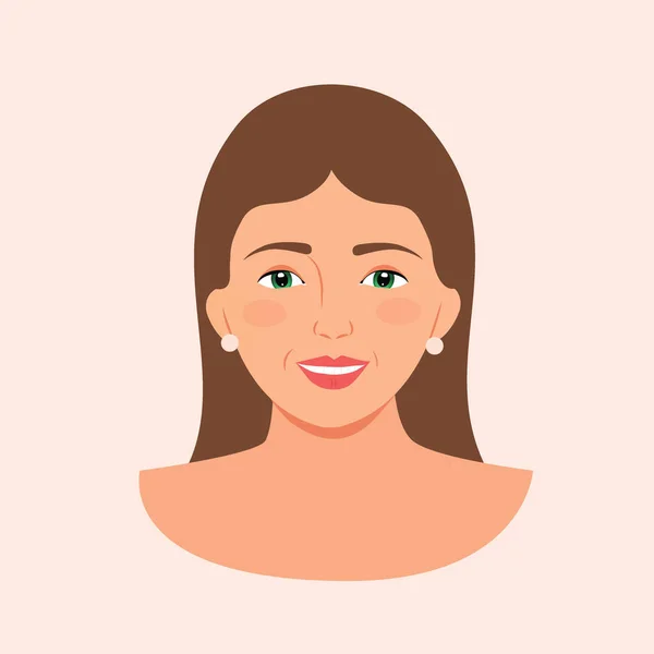 Arka planda izole edilmiş güzel bir kadın portresi. Vektör Düz Çizim. Güzel bir kızın yüzü. Genç bir kadının Avatar 'ı. Kadın başı ve boynu portresi. Güzel bir kız yüzü tasviri